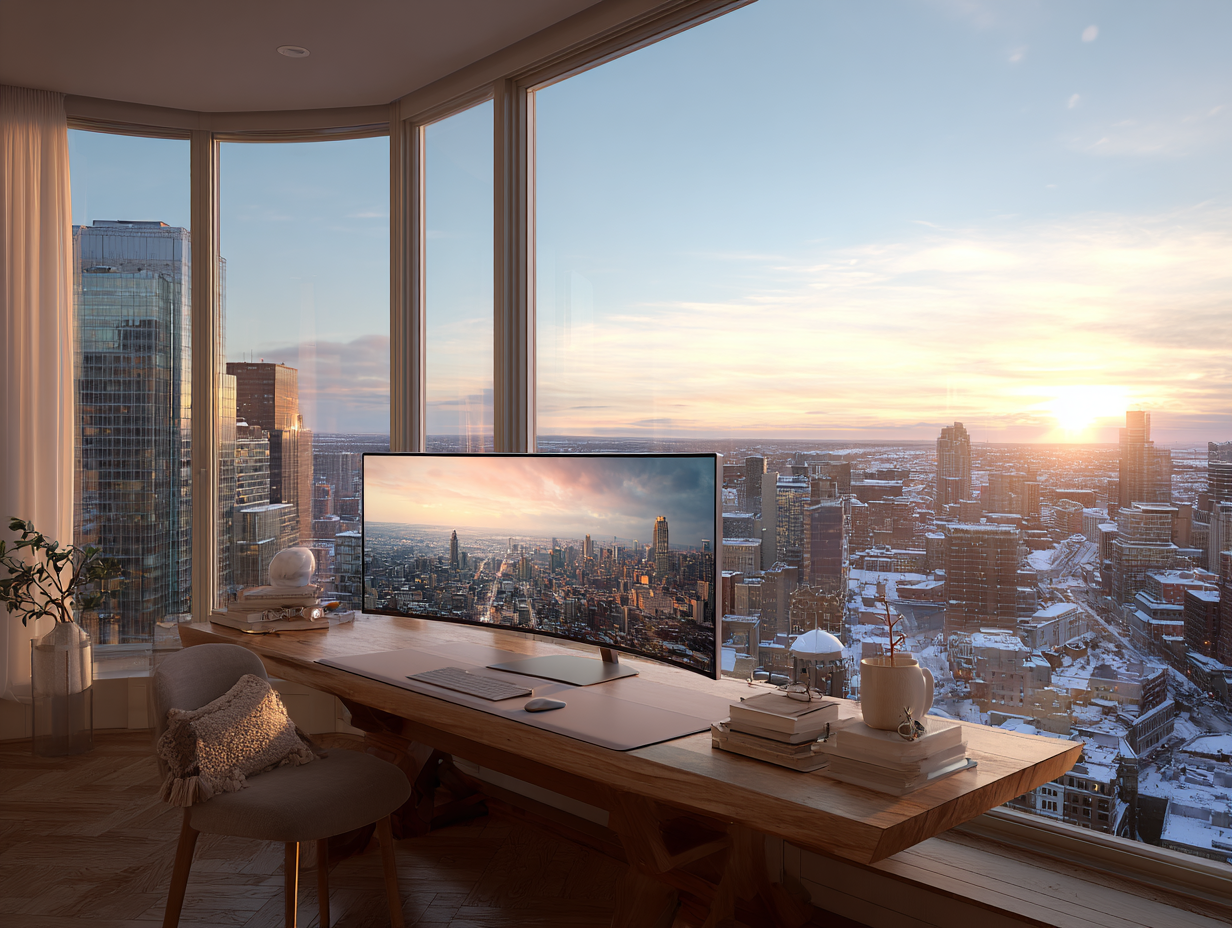 Minimalist organized workspace overlooking a city skyline, representing clarity, focus, and high-performance systems for solo entrepreneurs