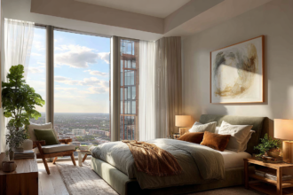 Modern bedroom with velvet bed, warm neutral tones, wood furniture, and large window view