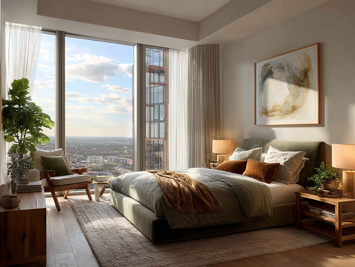 Modern bedroom with velvet bed, warm neutral tones, wood furniture, and large window view