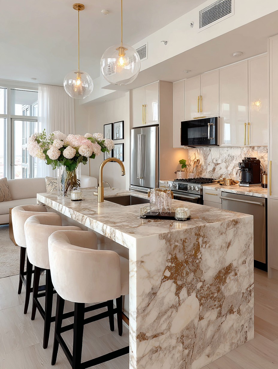 Ivory velvet bar stools with black legs styled around a marble kitchen island