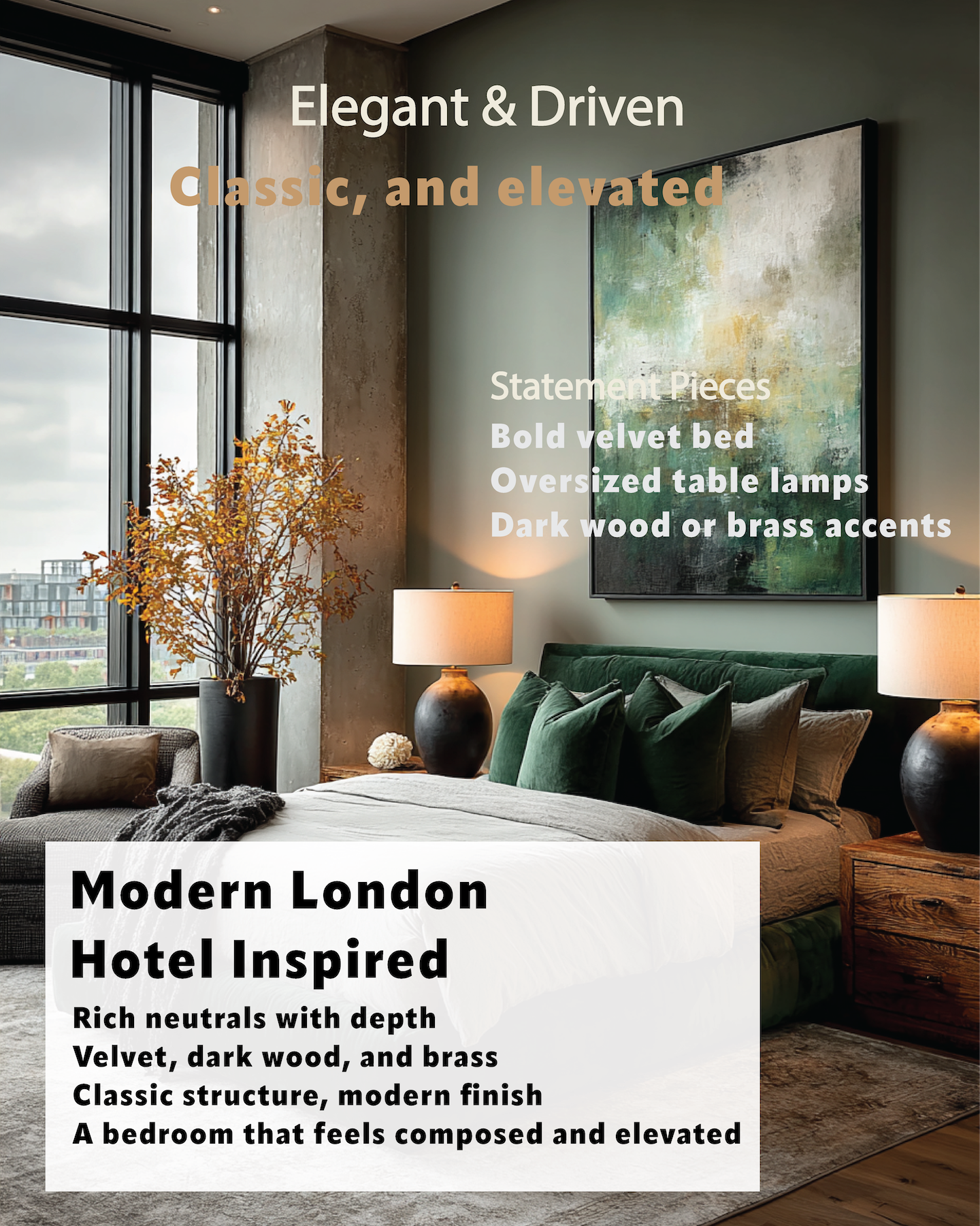 Modern London hotel bedroom with velvet bed, dark wood accents, and elegant styling