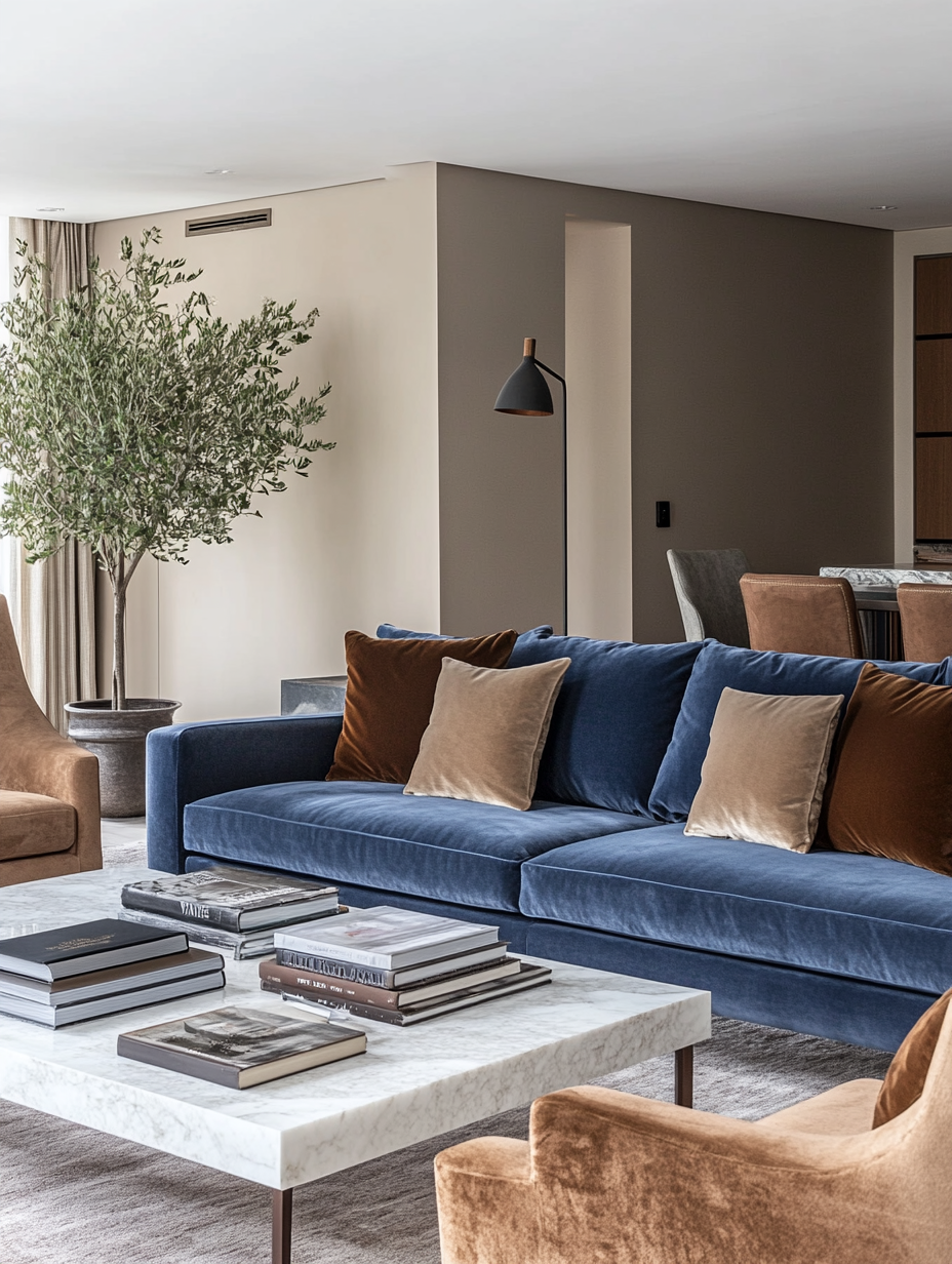 Luxury velvet living room with dark tones, warm lighting, and layered textures