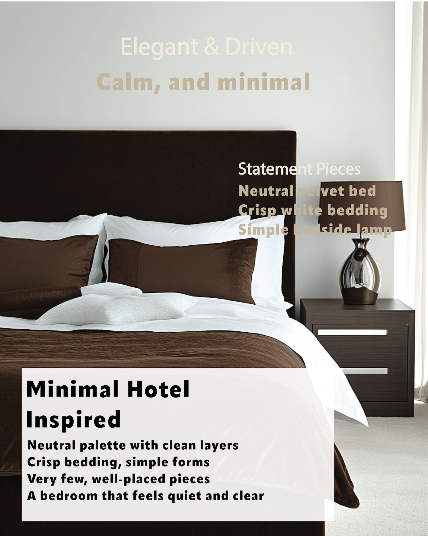 Minimal hotel-style bedroom with neutral velvet bed, crisp white bedding, and simple decor