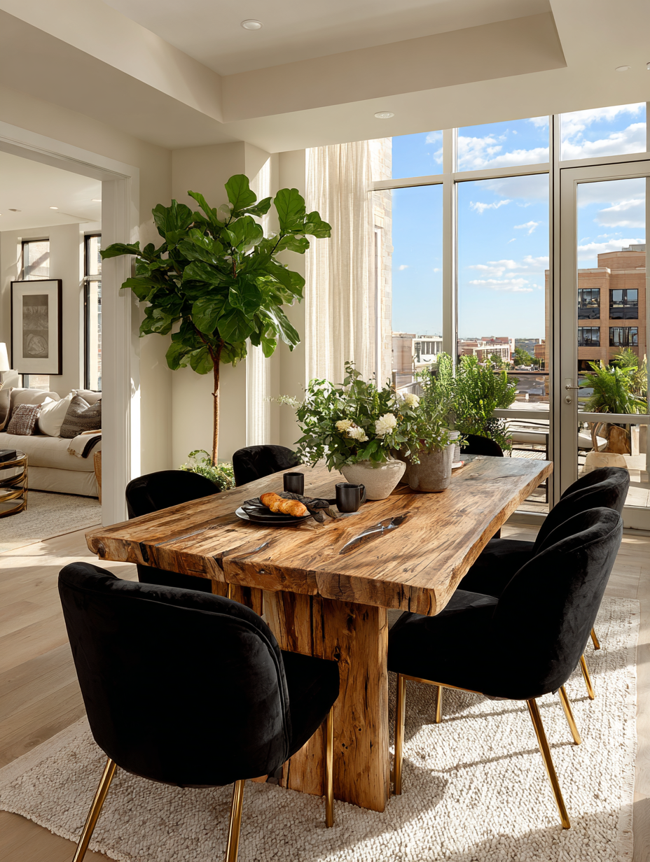 natural wood dining table with black upholstered chairs and large indoor tree in a bright space