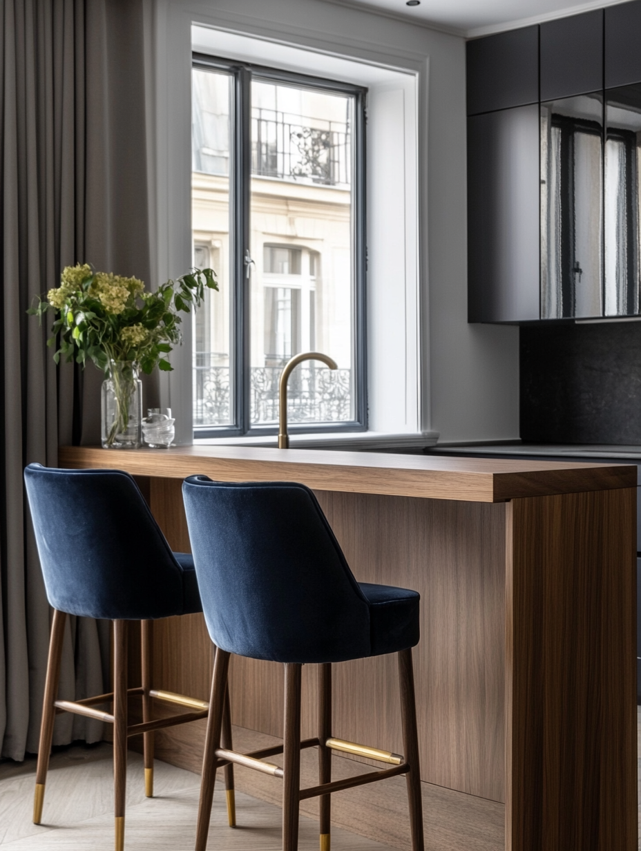 Soft grey velvet bar stools styled in a modern kitchen with marble countertops