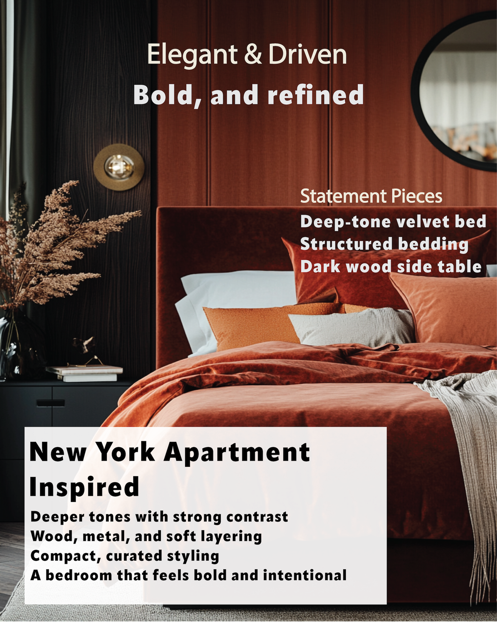 New York apartment bedroom with deep-tone velvet bed, structured bedding, and dark wood accents