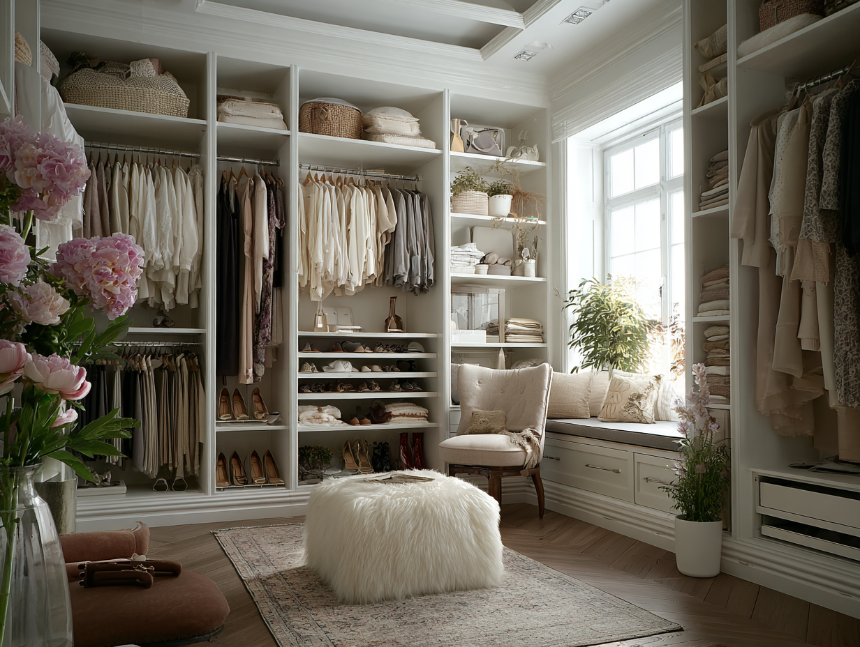 Well-organized closet with neutral clothing and structured storage representing clarity, simplicity, and intentional choices