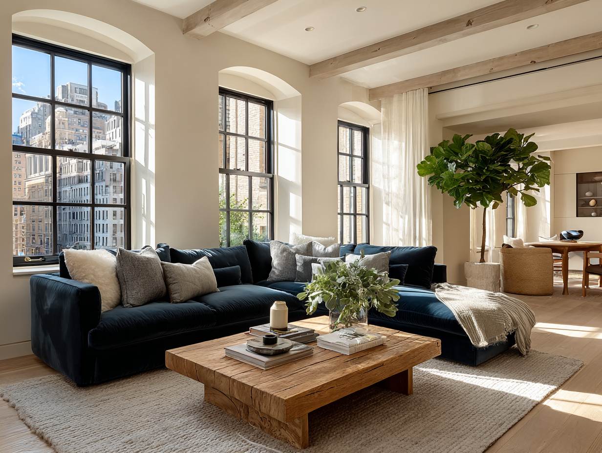 Elegant organized living room with natural light and neutral decor representing calm, clarity, and intentional living