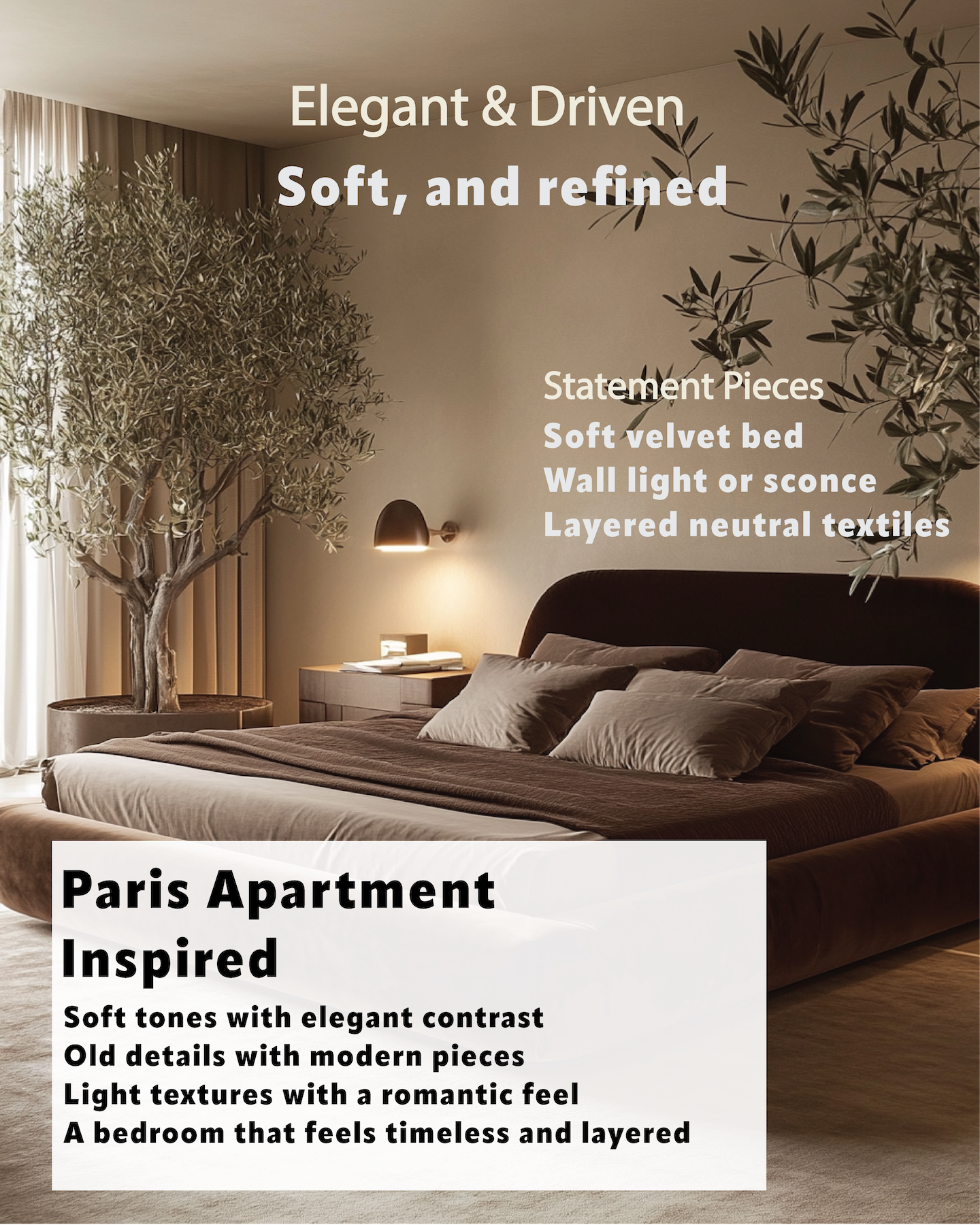 Paris apartment bedroom with soft velvet bed, layered neutrals, and romantic lighting