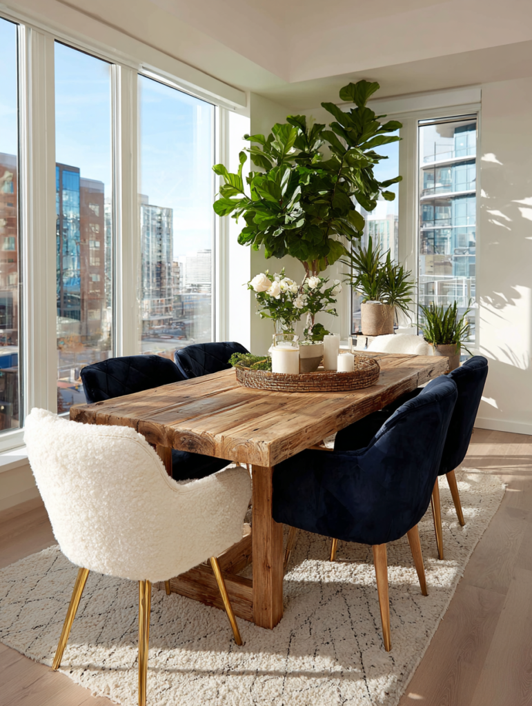 rectangular wooden dining table with upholstered chairs bright space feng shui flow