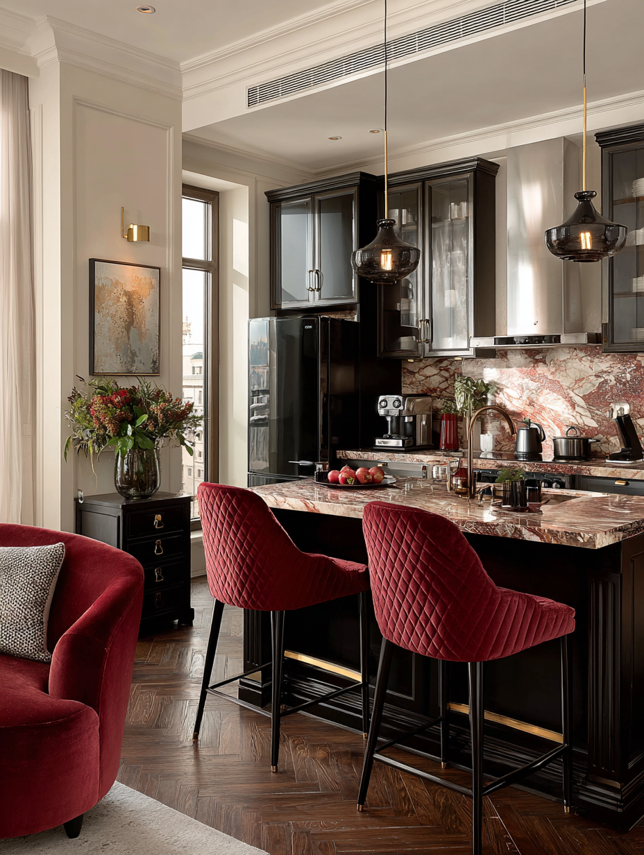 Rich burgundy velvet bar stools adding warmth to a dark wood and marble kitchen