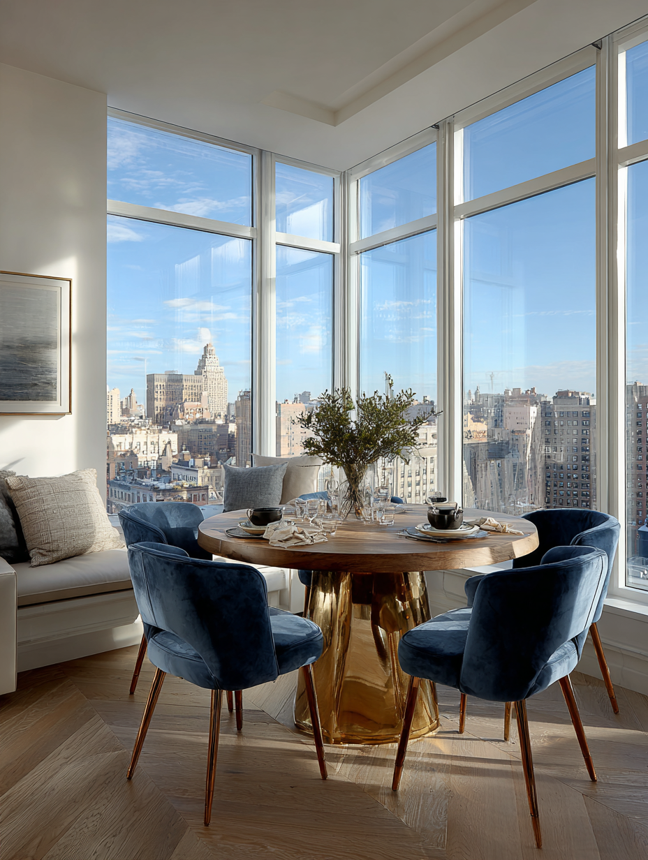 round dining table with blue velvet chairs and gold base near large windows with city view