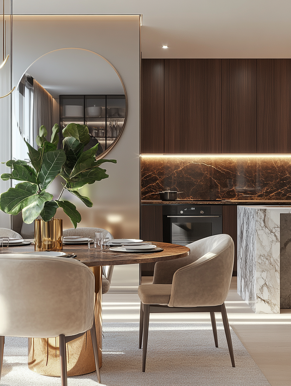 round dining table with neutral chairs and gold base placed near kitchen with mirror and warm lighting