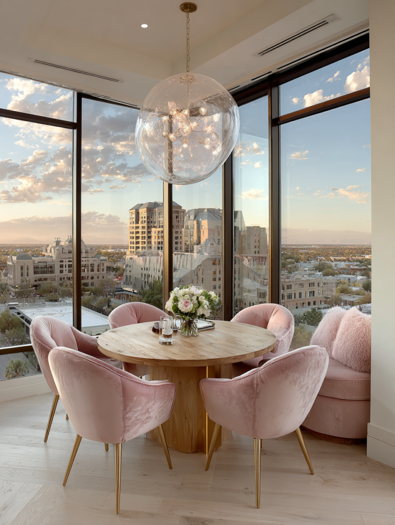 round wood dining table with pink velvet chairs and gold base in a bright modern space