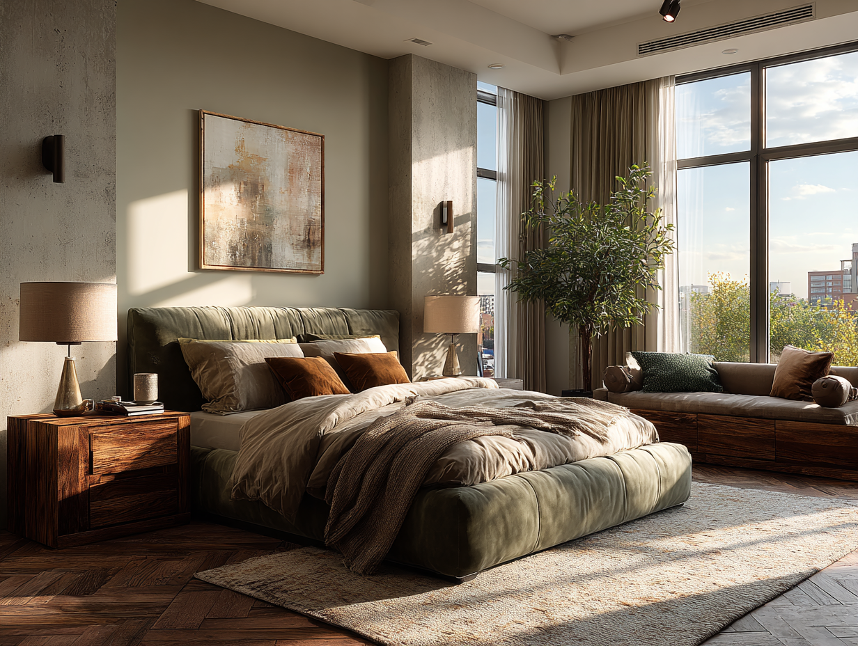 Bedroom with sage green velvet bed, natural wood furniture, and soft neutral tones