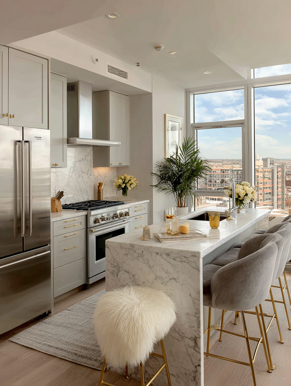 Soft grey velvet bar stools styled in a modern kitchen with marble countertops