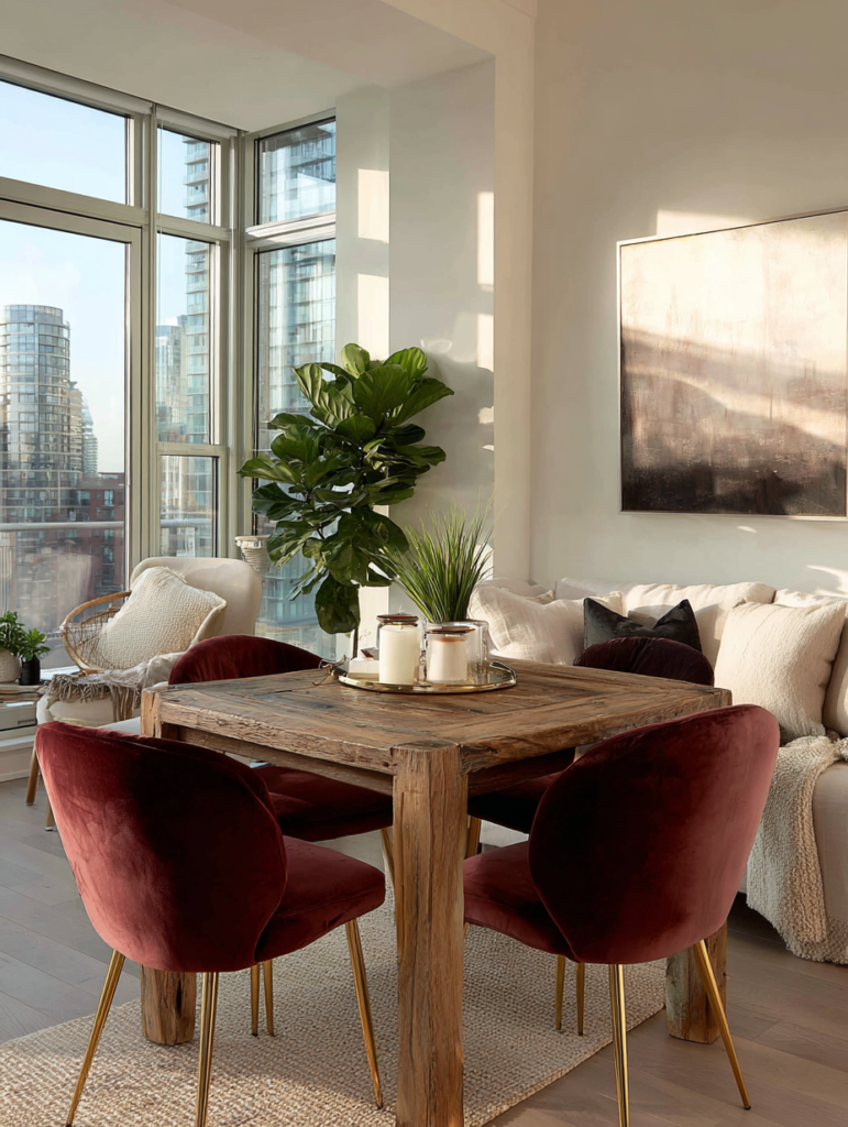 square wooden dining table with velvet chairs grounded feng shui dining room