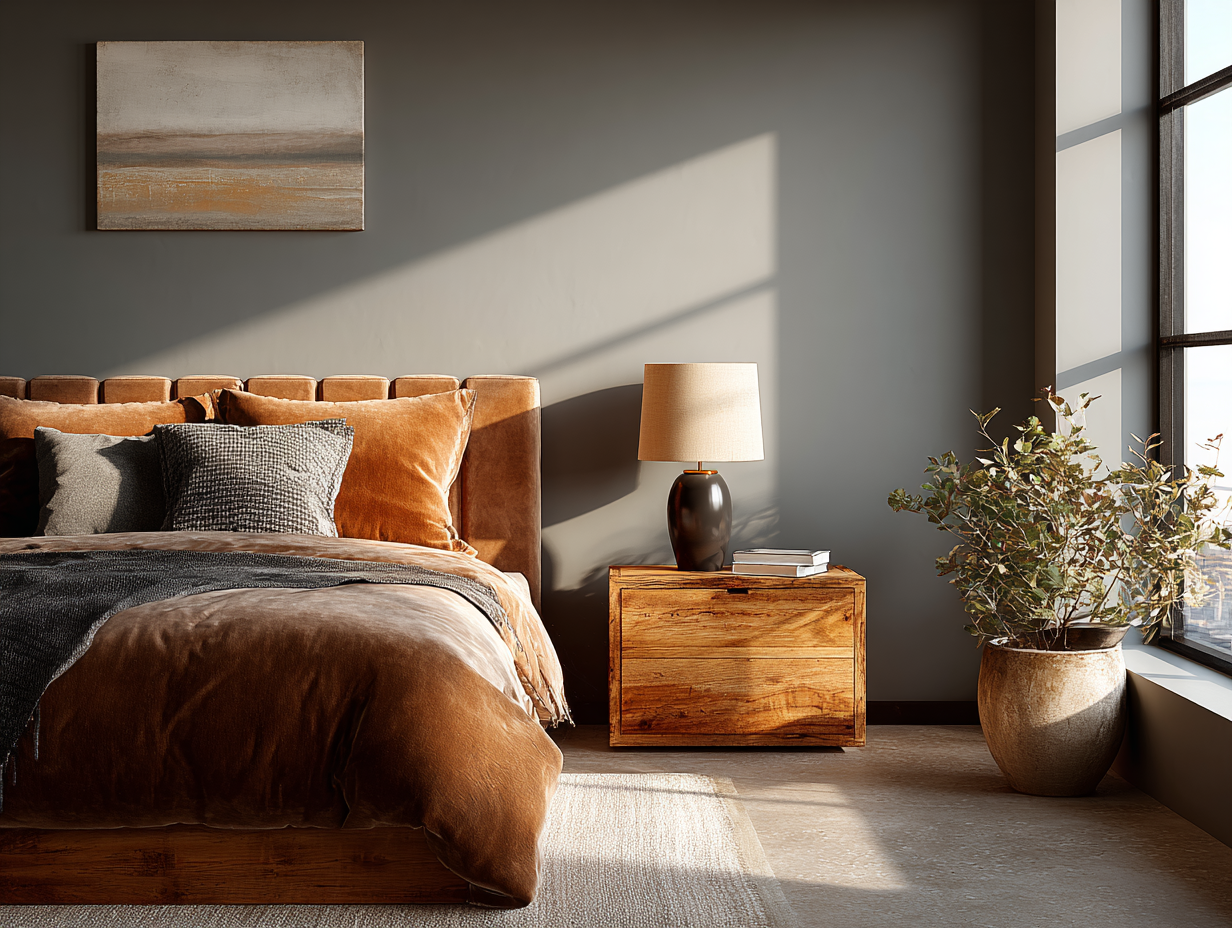 Minimalist bedroom with taupe velvet bed, wooden nightstand, table lamp, and plant creating a warm, elegant, clutter-free space