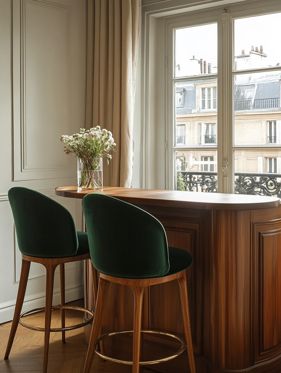 Teal velvet bar stools in a stylish kitchen with natural wood and soft lighting
