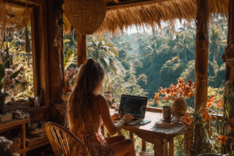 Woman working on a laptop in a tropical setting, representing building digital products using AI and personal experience