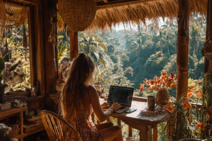 Woman working on a laptop in a tropical setting, representing building digital products using AI and personal experience