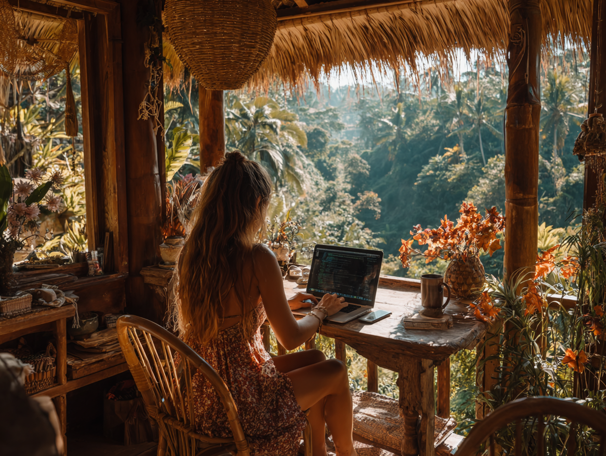 Woman working on a laptop in a tropical setting, representing building digital products using AI and personal experience