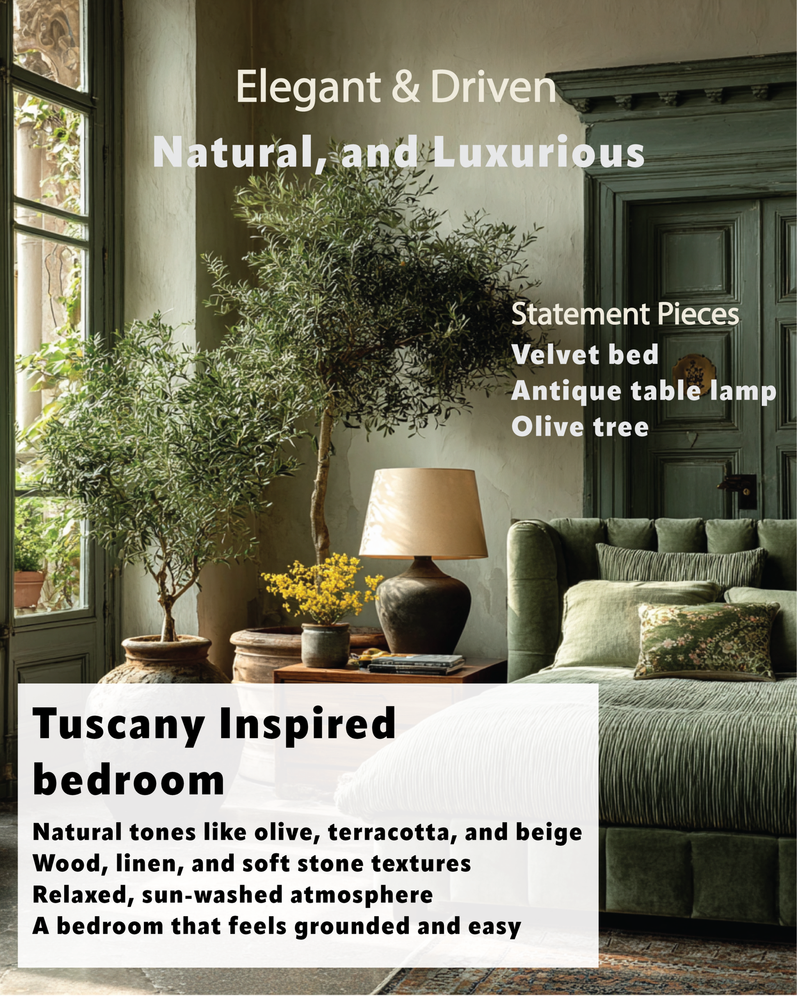 Tuscany-inspired bedroom with olive green velvet bed, terracotta accents, and natural wood textures