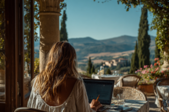 Woman working on a laptop in a scenic outdoor setting, representing building a business with AI tools and personal experience