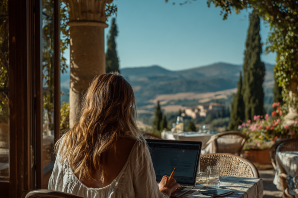 Woman working on a laptop in a scenic outdoor setting, representing building a business with AI tools and personal experience