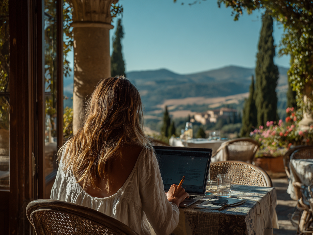 Woman working on a laptop in a scenic outdoor setting, representing building a business with AI tools and personal experience