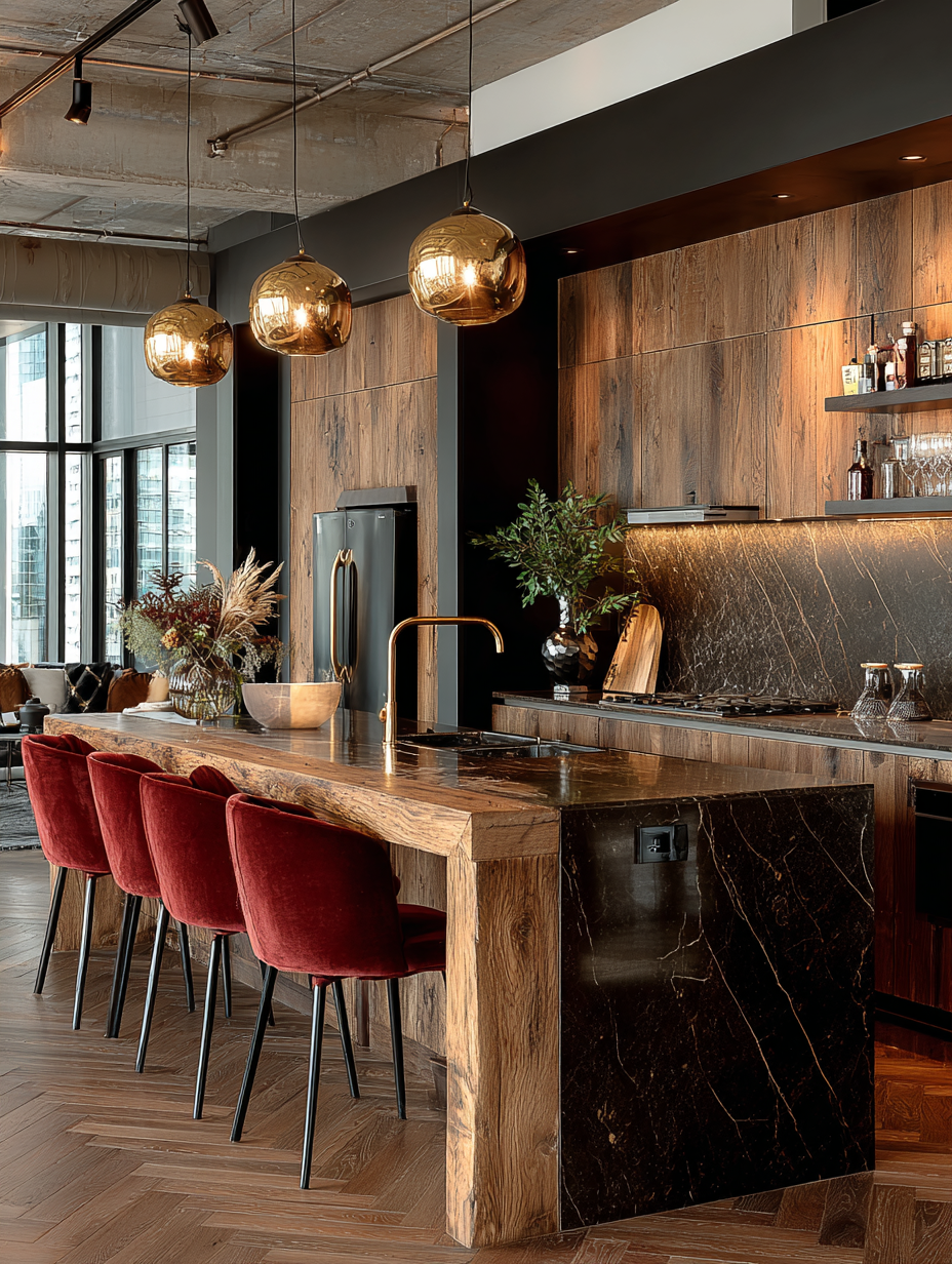 Red velvet bar stools styled around a modern kitchen island with wood and marble finishes