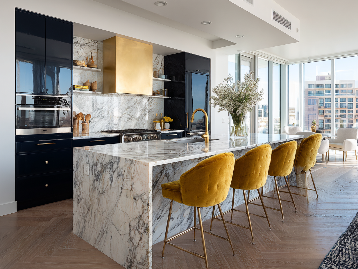 gold mustard velvet bar stools at marble kitchen island with brass accents
