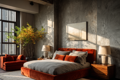 Velvet bed in a modern luxury bedroom with warm tones, wood accents, and natural light
