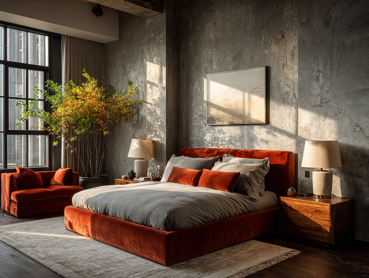 Velvet bed in a modern luxury bedroom with warm tones, wood accents, and natural light