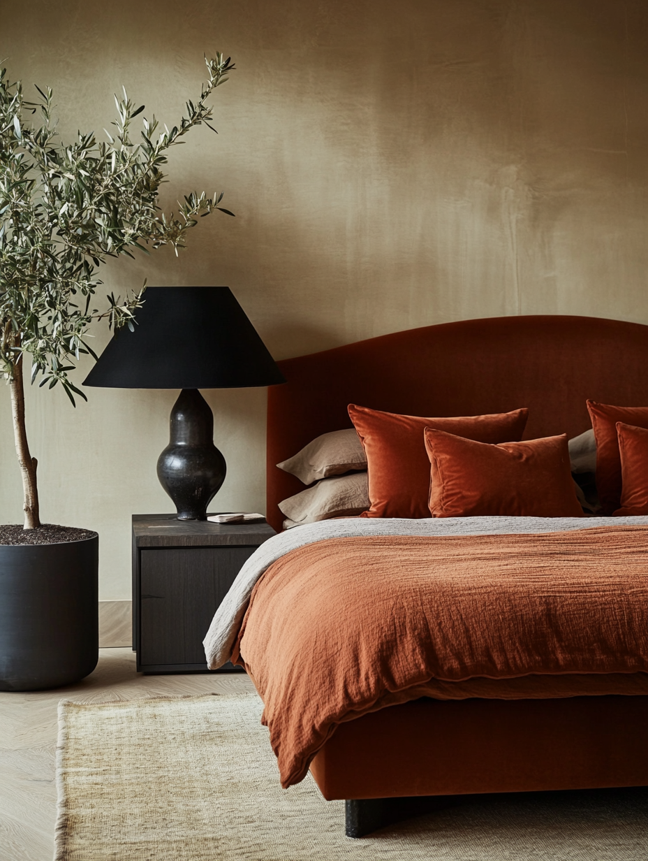 Bedroom with rust velvet bed and layered soft neutral textures