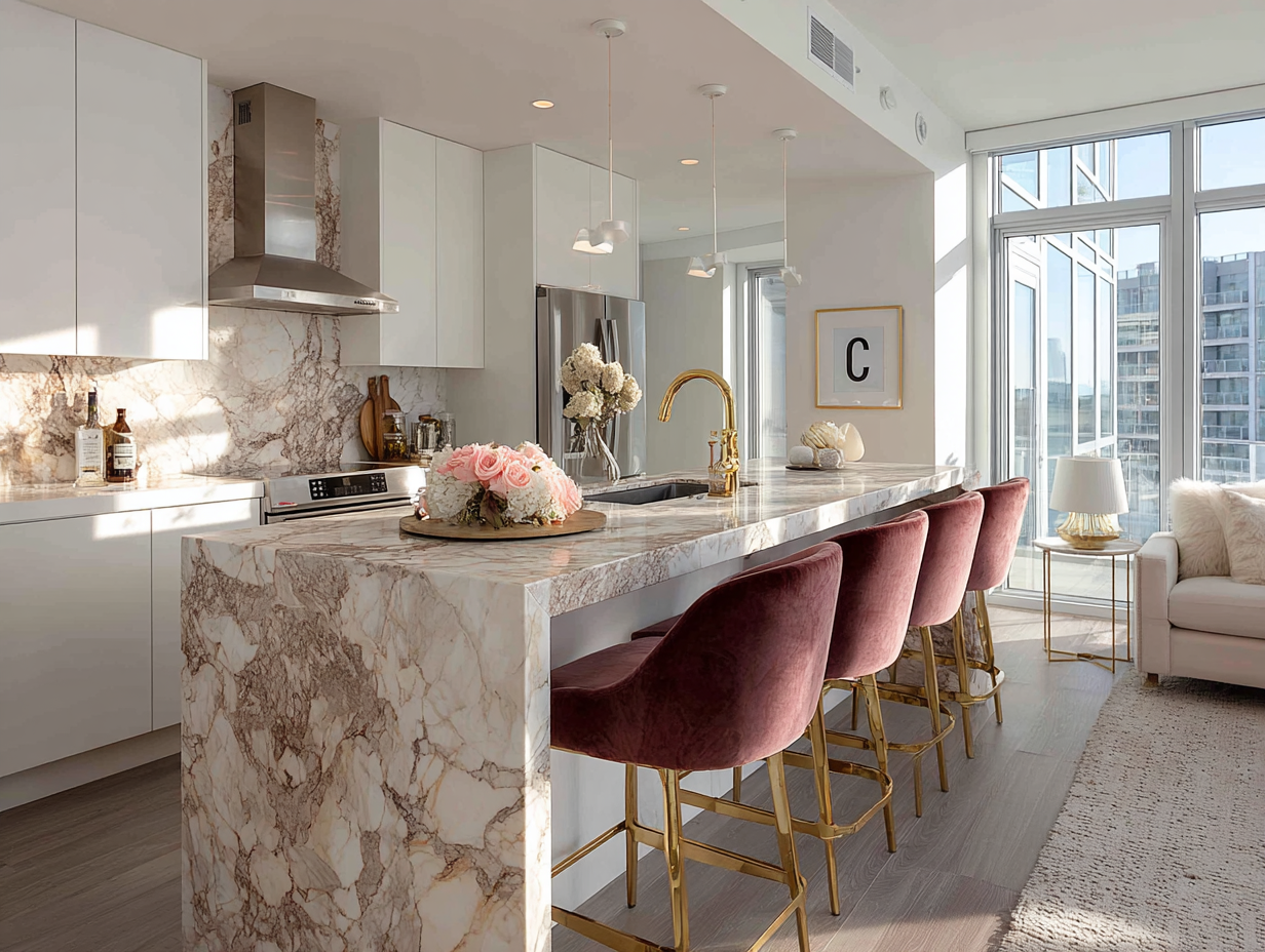 Modern kitchen with marble island and velvet bar stools with gold legs