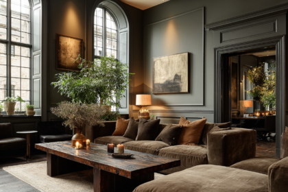 Brown velvet sofa in a moody luxury living room with wood textures and warm lighting