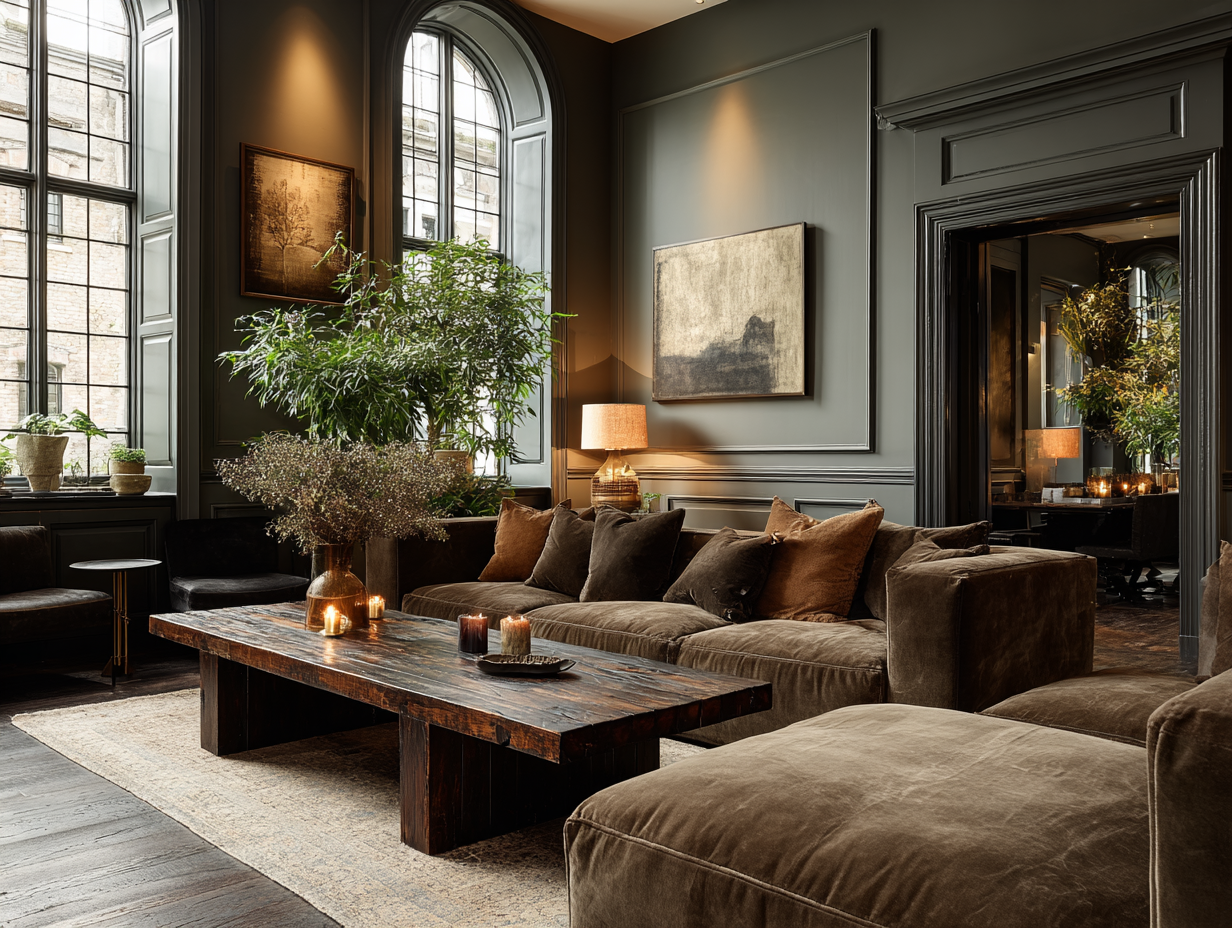 Brown velvet sofa in a moody luxury living room with wood textures and warm lighting