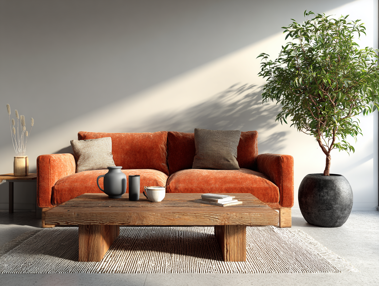 Minimalist living room with orange velvet sofa, wooden coffee table, and neutral decor creating a soft, elegant, clutter-free space