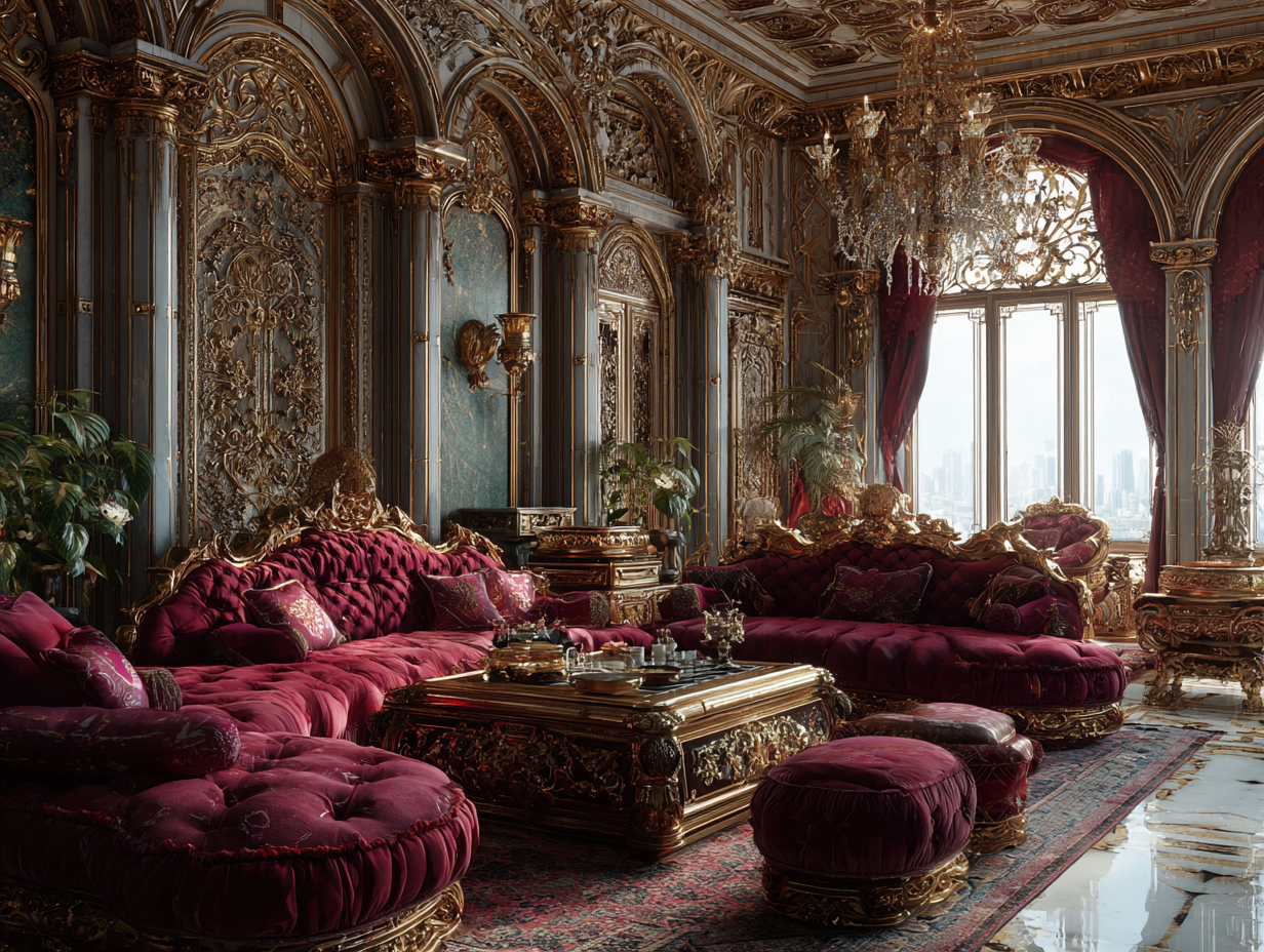 Royal palace interior with deep burgundy velvet furniture, gold detailing, and ornate classical design