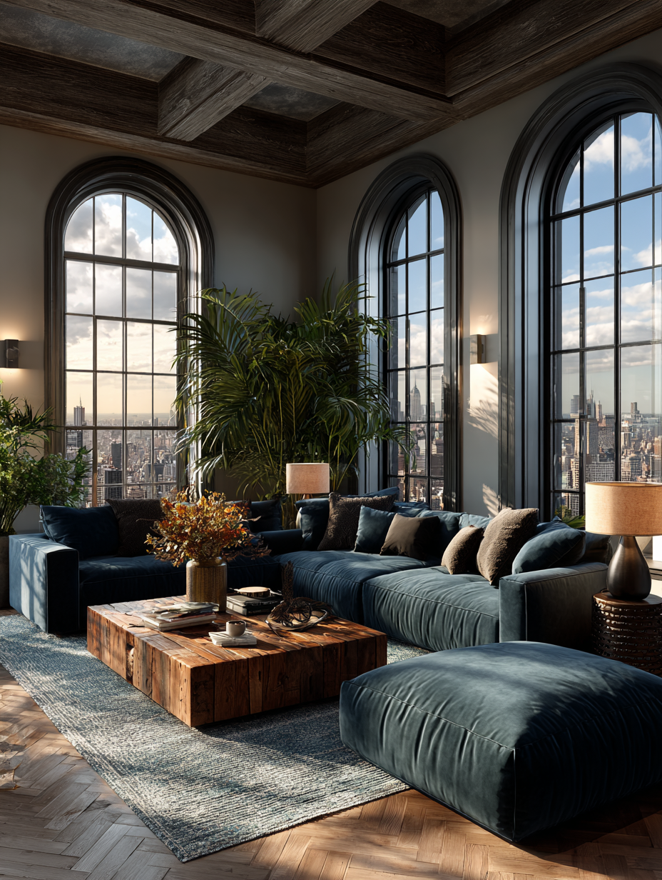 Modern living room with blue velvet sofa styled with brown and neutral cushions