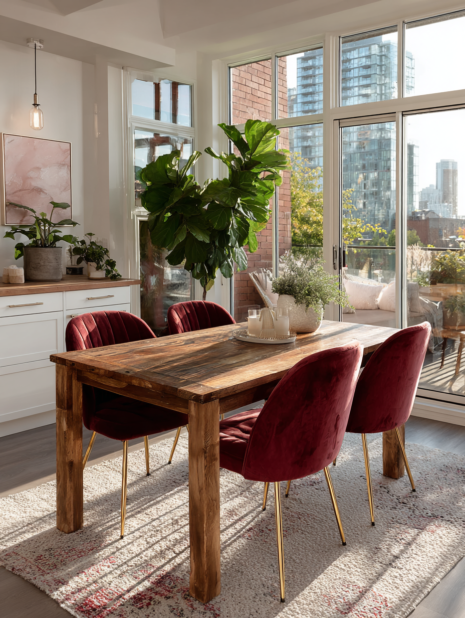 wood dining table with red velvet chairs and large indoor plant in a bright modern space