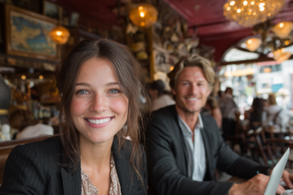 Young creative professionals collaborating in a stylish café representing modern creativity and entrepreneurship in the AI era