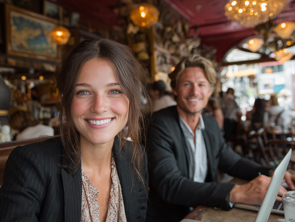 Young creative professionals collaborating in a stylish café representing modern creativity and entrepreneurship in the AI era