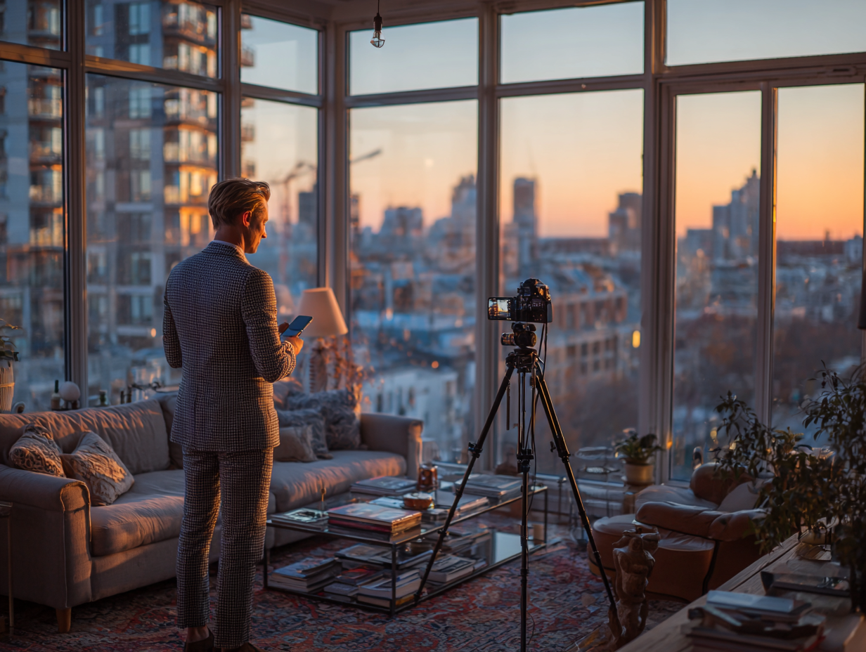 Professional content creator filming social media content in a luxury apartment representing modern entrepreneurship and personal branding