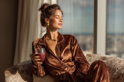 Woman relaxing with a drink in a calm, elegant space representing an abundance mindset and clutter-free lifestyle