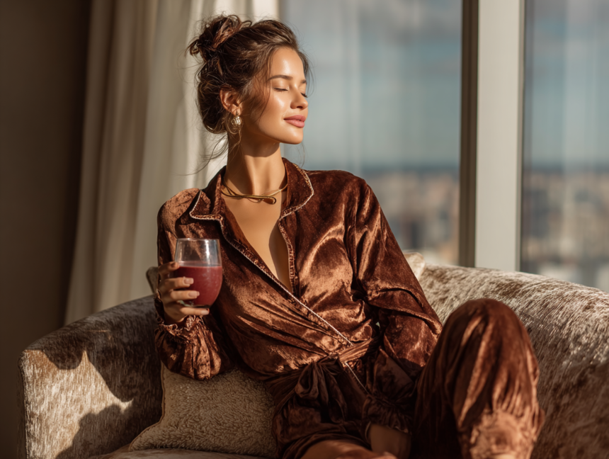 Woman relaxing with a drink in a calm, elegant space representing an abundance mindset and clutter-free lifestyle