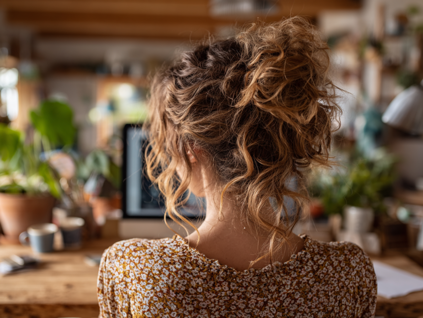 Woman working on a digital business and online income ecosystem from a creative home office