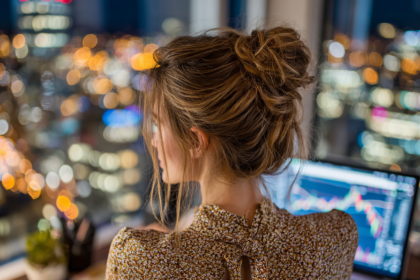 Woman looking at digital financial charts representing modern entrepreneurship, investing, and building multiple income streams online