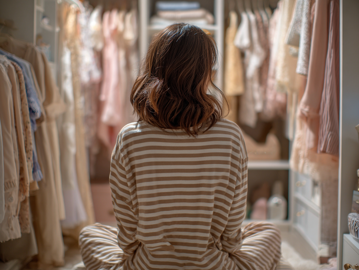 Woman sitting in a closet surrounded by clothes, reflecting on clutter and the emotional difficulty of letting go